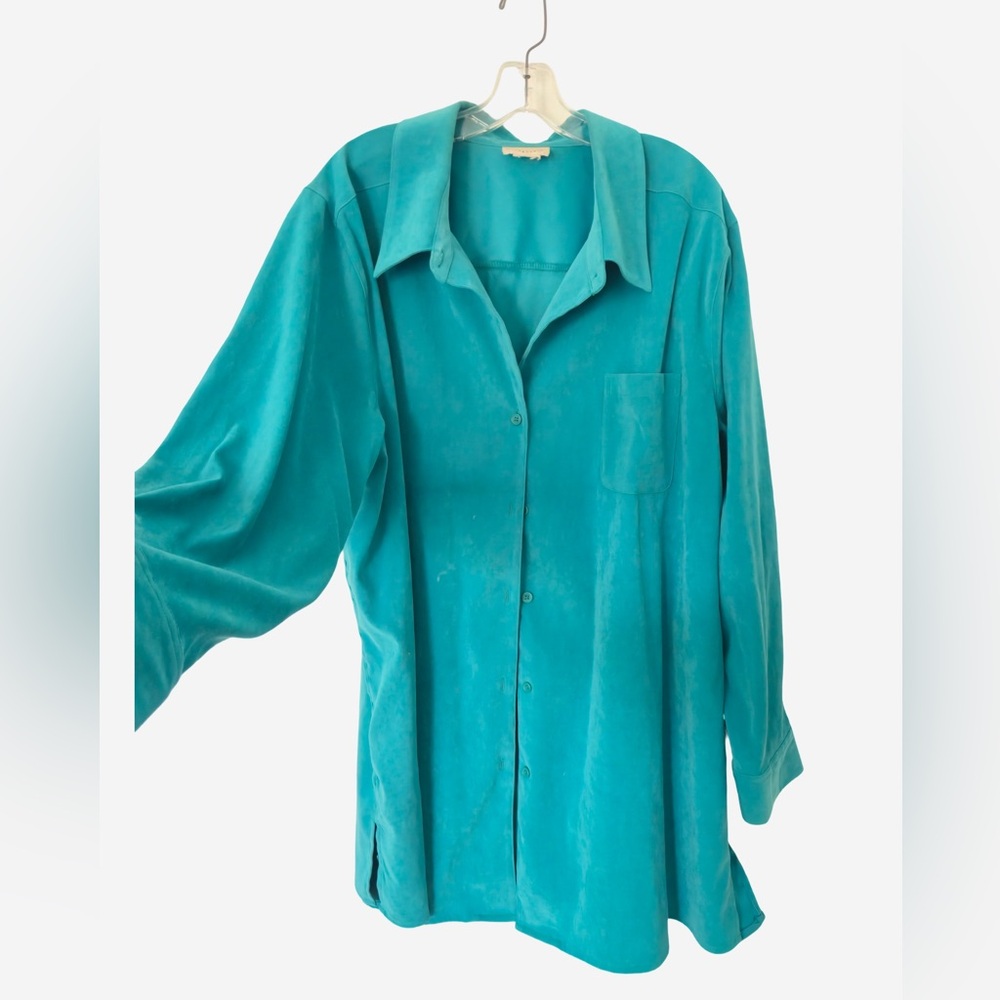 Bridgewater Studio Teal Lightweight Button Front Blouse 1X Plus Size Relaxed